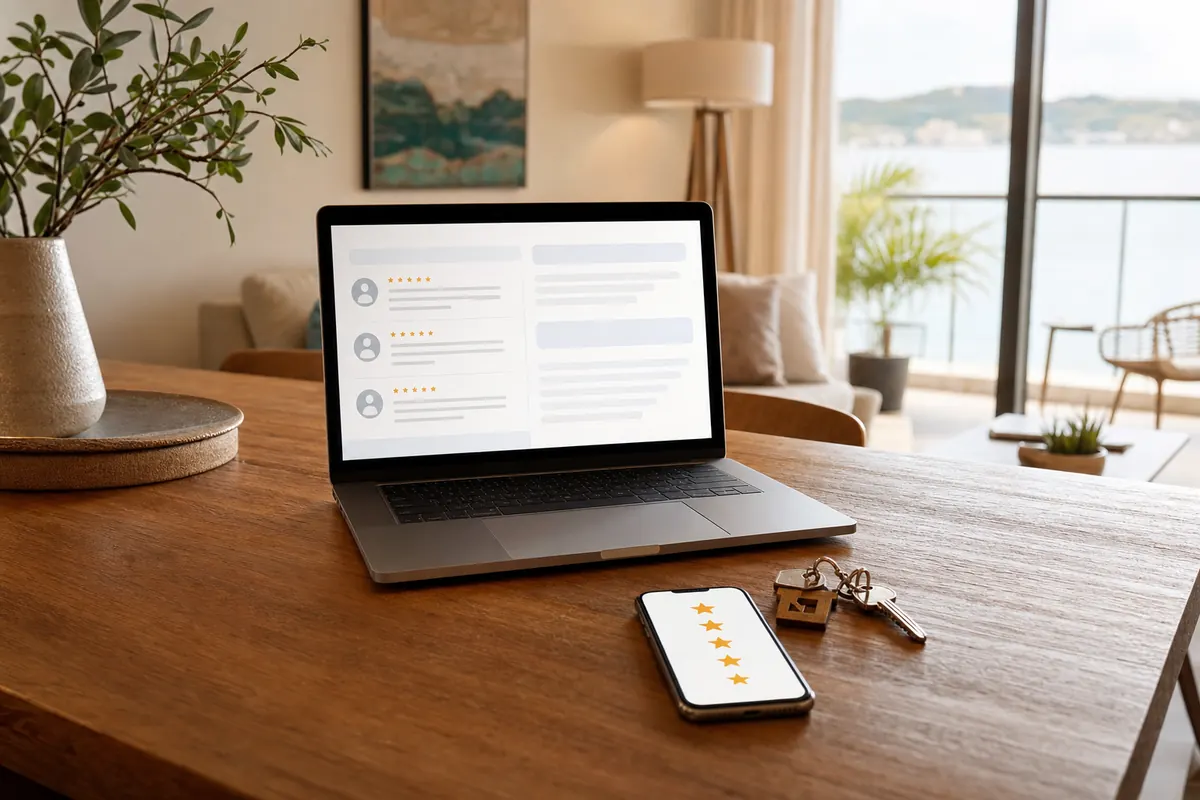 Mesa de trabajo con llaves de alquiler vacacional, portátil y símbolos de reseñas de Airbnb