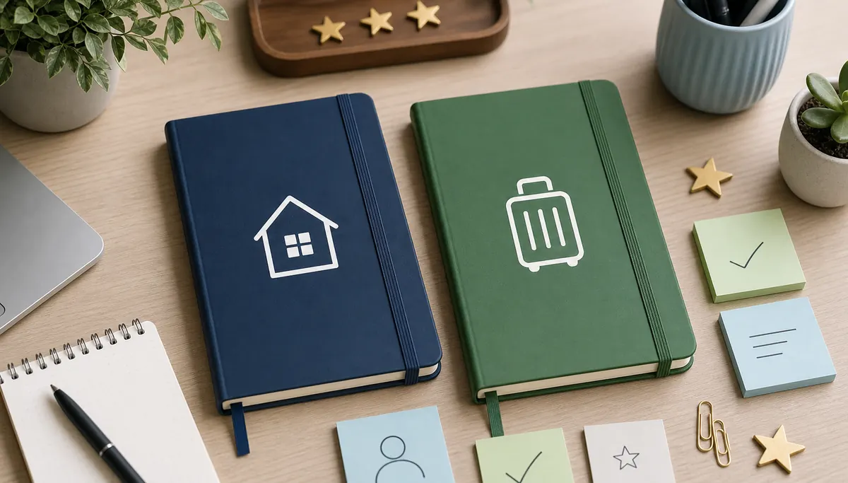 Flujo de reseñas de anfitrión y huésped con iconos de casa y maleta