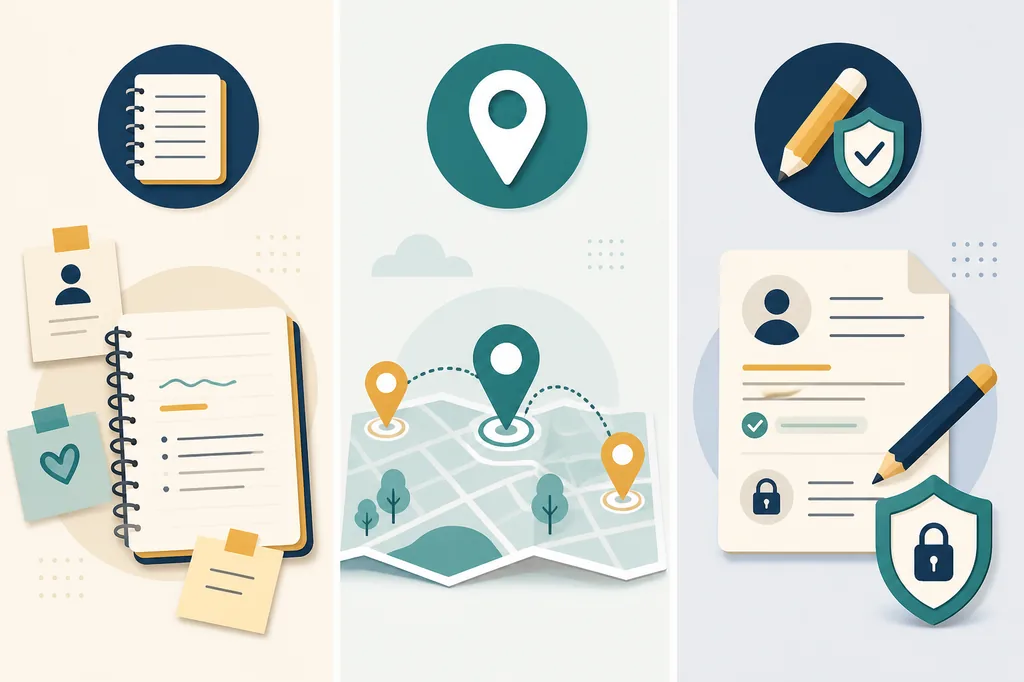 Three-part comparison illustration for customer experience notes, platform fit, and human editing with privacy checks