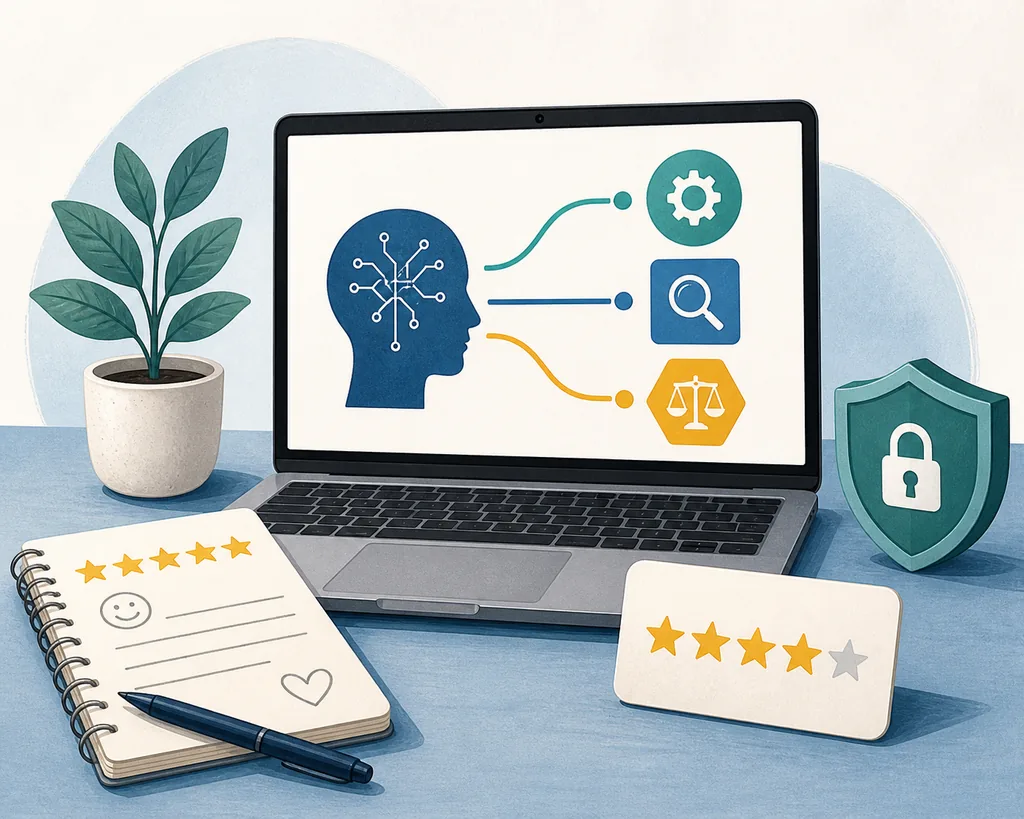 Editorial illustration of a laptop, customer notes, rating cards, review choices, and a privacy shield