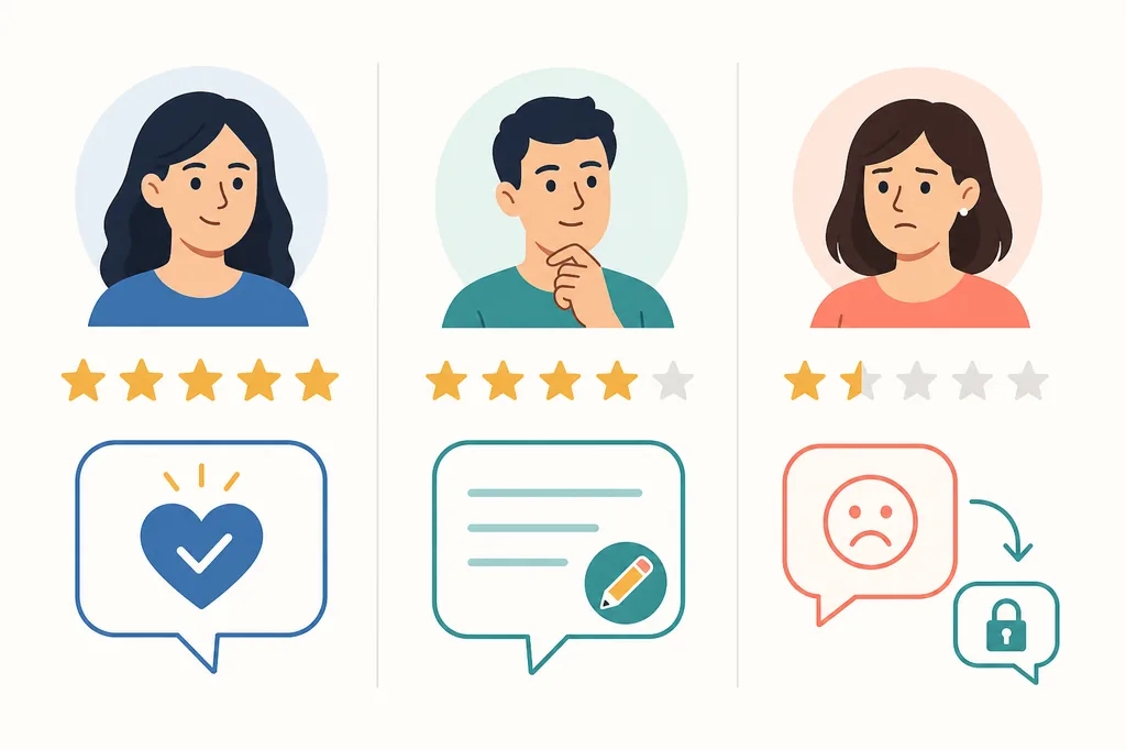 Comparison graphic showing response approaches for five-star, mixed, and low-star reviews