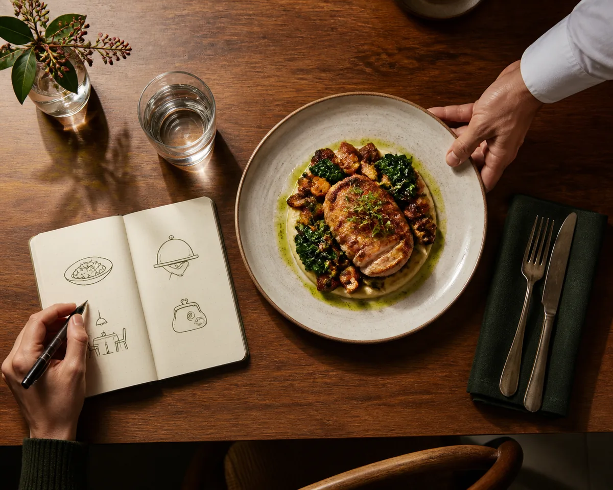 A diner taking notes beside a meal while writing a restaurant review