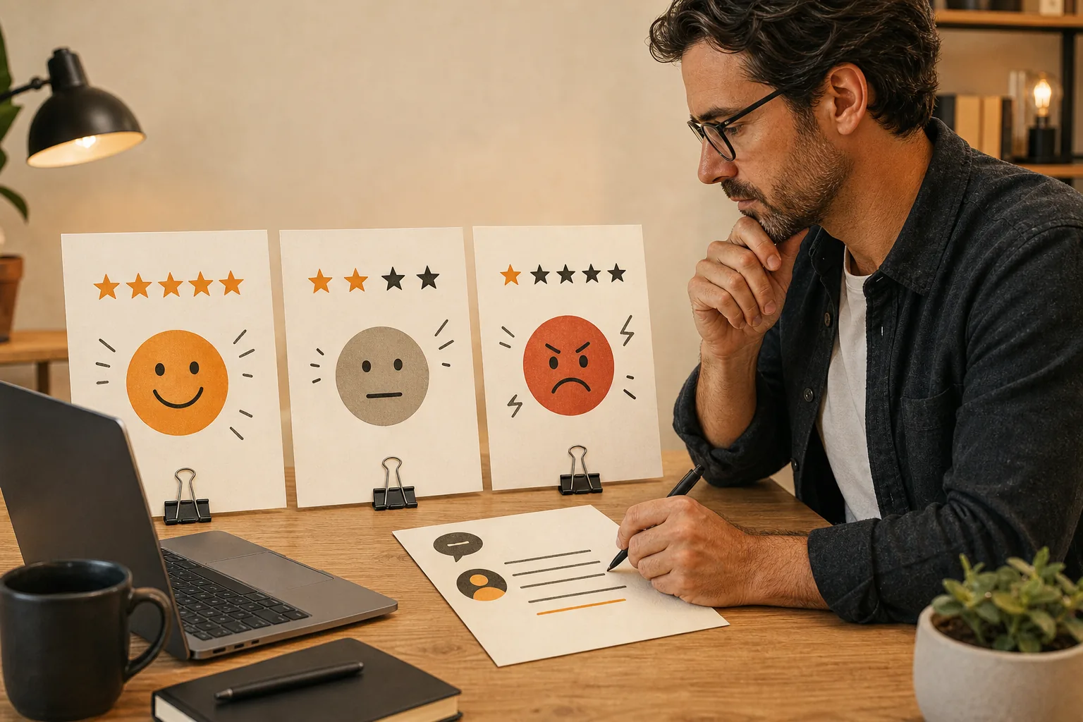 Business owner comparing positive, mixed, and negative review examples before editing a response