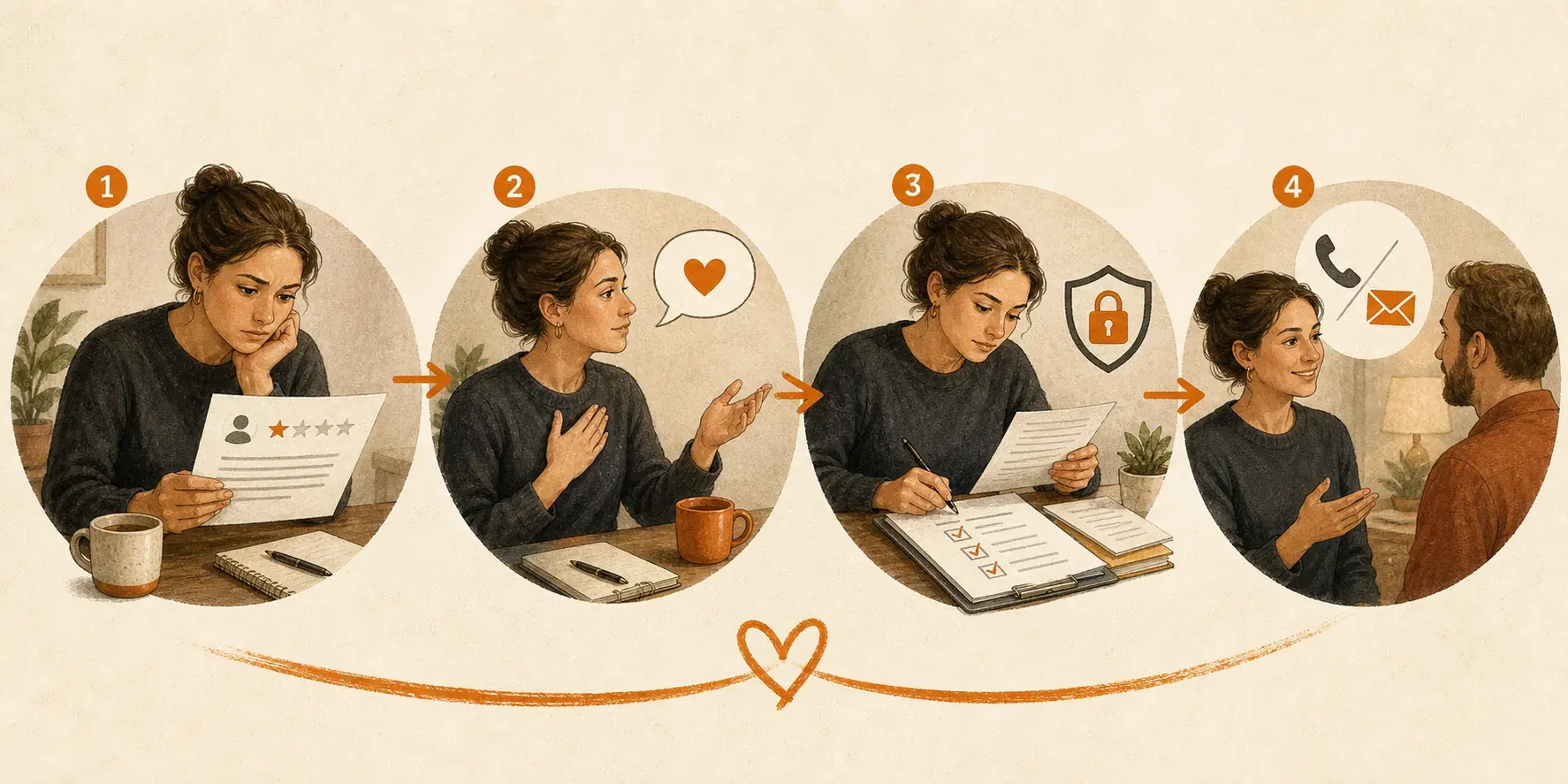 Four visual steps for reading a negative review, acknowledging the concern, verifying facts, and moving private details to follow-up