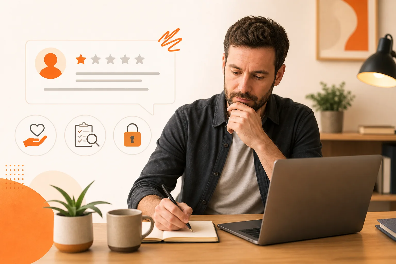 Small business owner carefully reviewing a negative customer comment before writing a calm reply