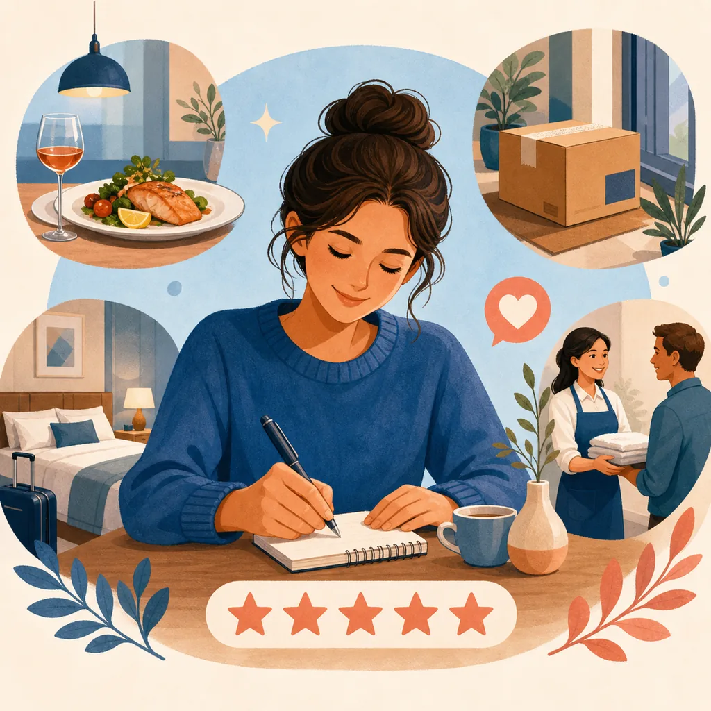 Cliente escribiendo una reseña positiva y honesta después de varias experiencias de servicio
