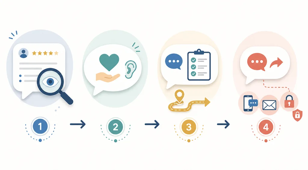 Four-step editorial diagram for reading, acknowledging, answering, and following up on a review