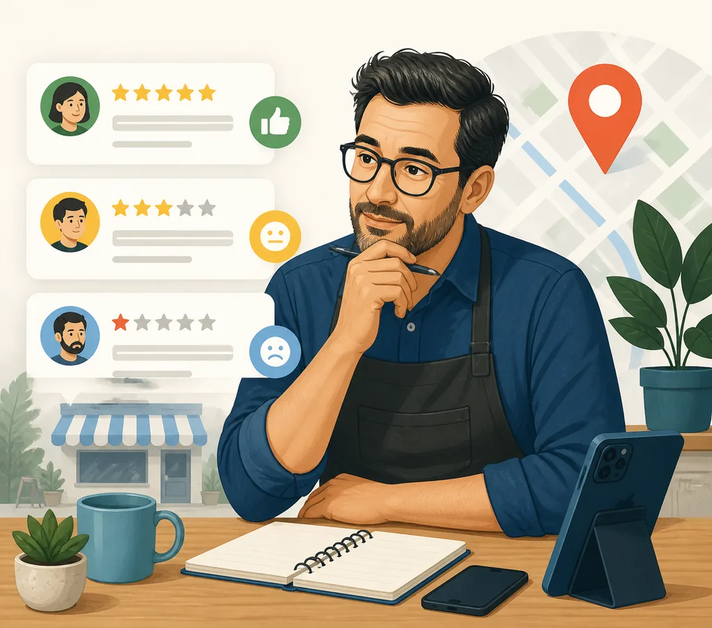 Local business owner reviewing positive, mixed, and negative customer feedback before replying