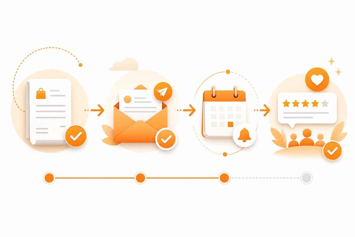 Fluxo da compra ao email de acompanhamento e página de avaliação
