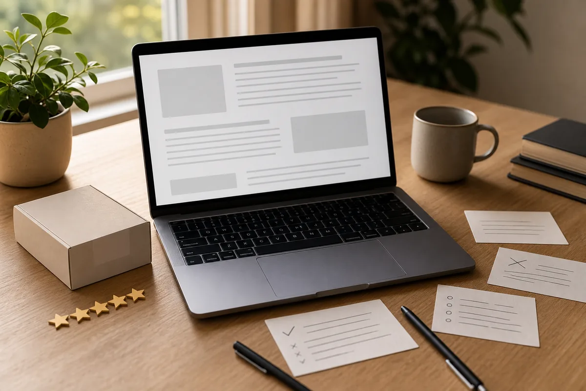 Laptop, caja de producto y tarjetas de notas para una guia de resenas con IA