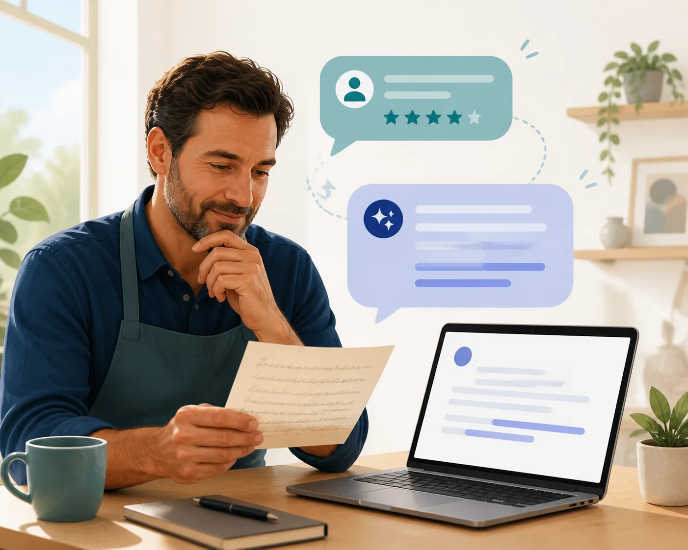 Propietario de un negocio local revisando una reseña real de Google y un borrador de respuesta profesional