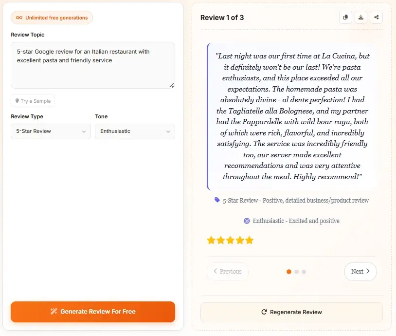 Googleレビュー生成ツールの画面例と具体的なレビュー出力